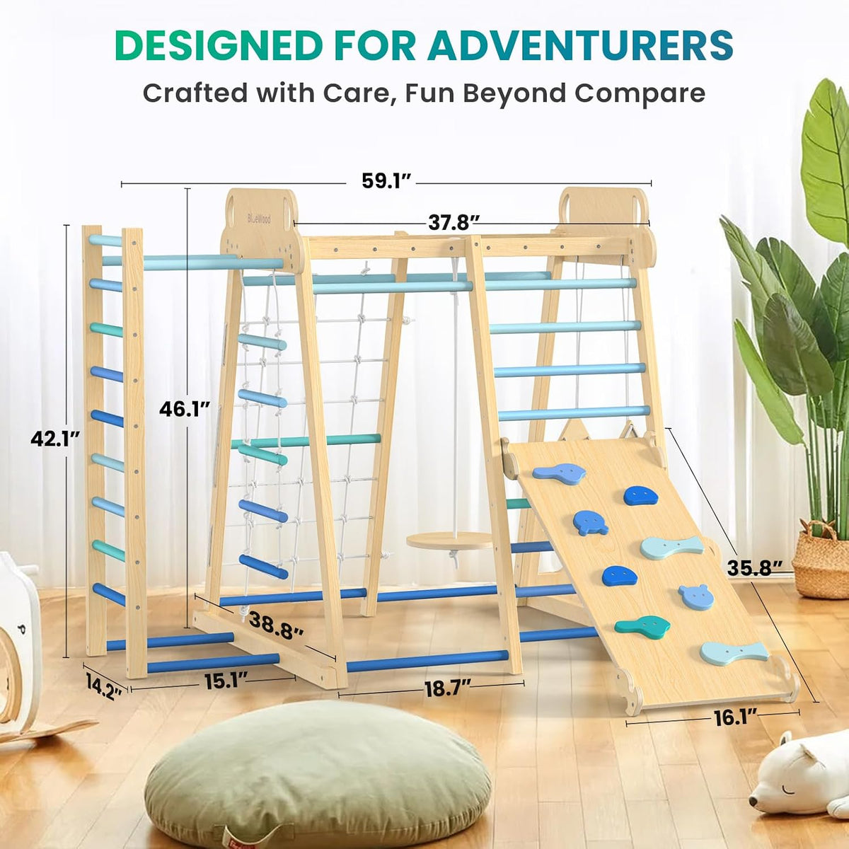 BlueWood Upgraded Indoor Jungle Gym 9-in-1 Playground Kids Climbing - Blue / 9-in-1 - image 2