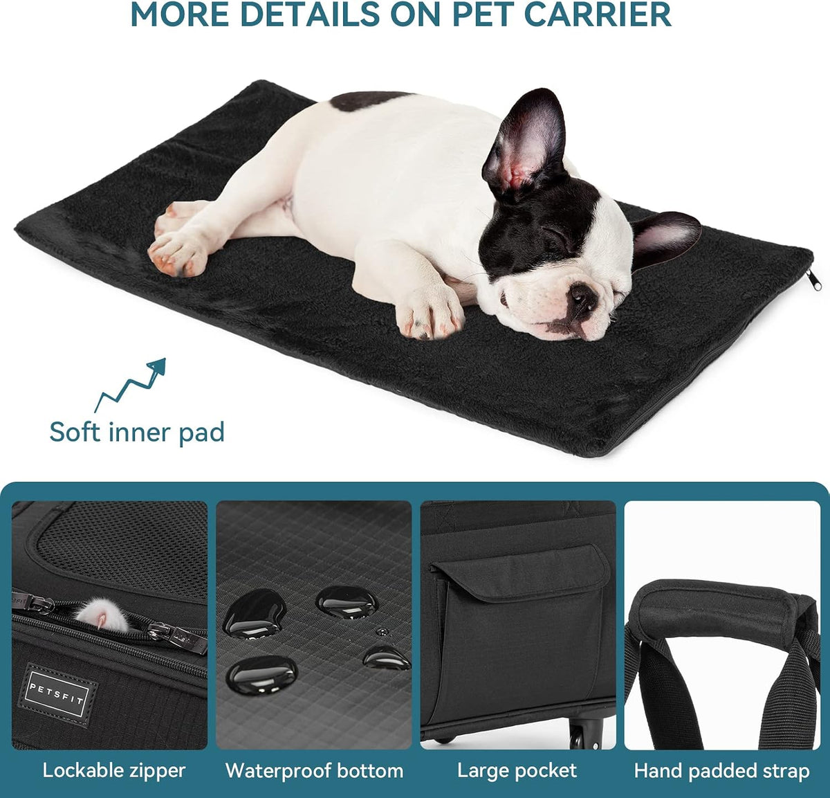 Petsfit Cat Carrier with Wheels, Removable Spinner Wheels - 25.5"L x 14.0"W x 14.0"H / Black - image 3