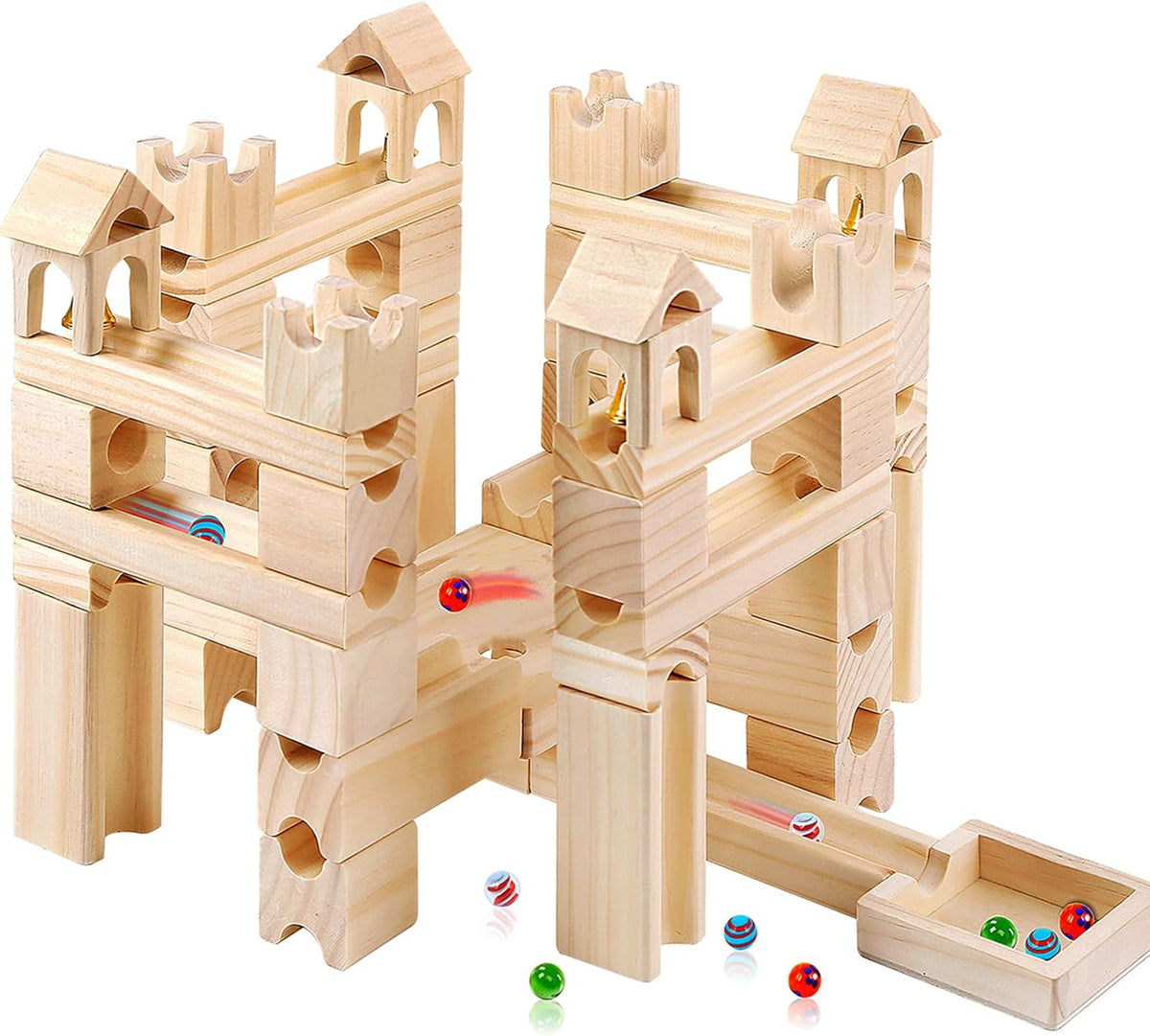 Migargle wooden marble run for kids, 80 piece pine track maze with glass marbles - view 2