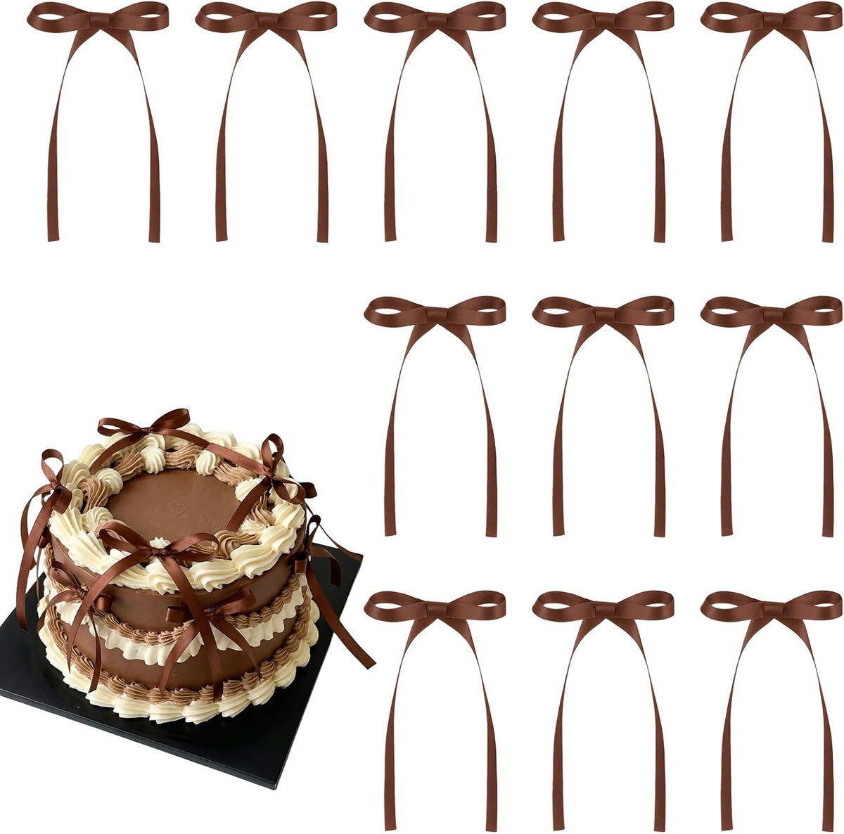 30 Pack Bow Cake Toppers Black Ribbon Bows for Cake Halloween Party - Brown