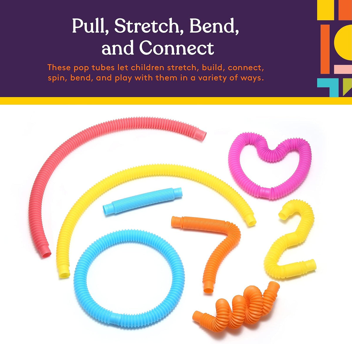 Special Supplies Fun Pull and Stretch Tubes for Kids, Pop, Bend - 16-Pack Primary Colors - image 2