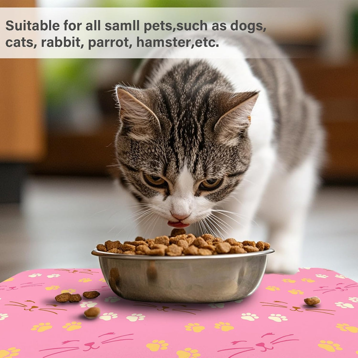 Patterned Cat & Dog Bowl Mat for Food and Water - Small (12" x 20") / Pink-catpaw - image 3