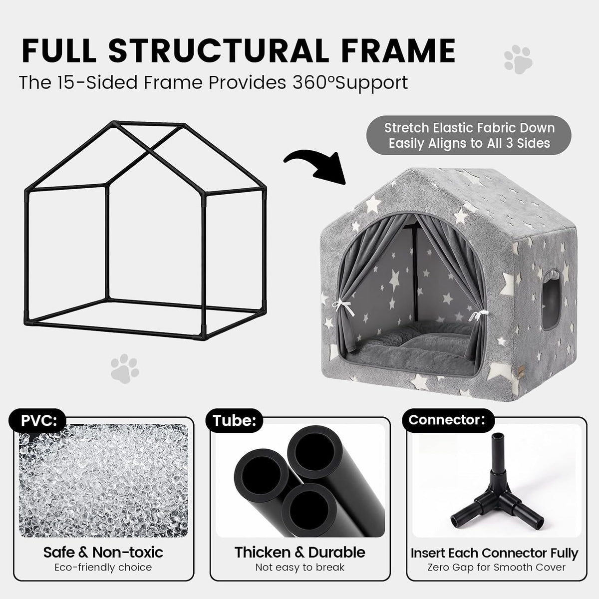 Indoor Dog House with Frame, Cute Dog Tent Bed with Cover Cave - Medium ( 17" × 17" × 17" ) / Gray with flannel - image 4