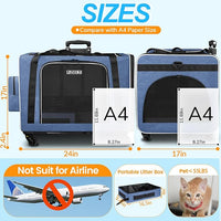 Petskd Extra Large Cat Carrier with Wheels and Litter Box 24"x17"x17" for Large Cat or 2 Small Cats, Collapsible Soft Sided Pet Carrier for Car Travel with Lockable Safety Zippers(Blue)