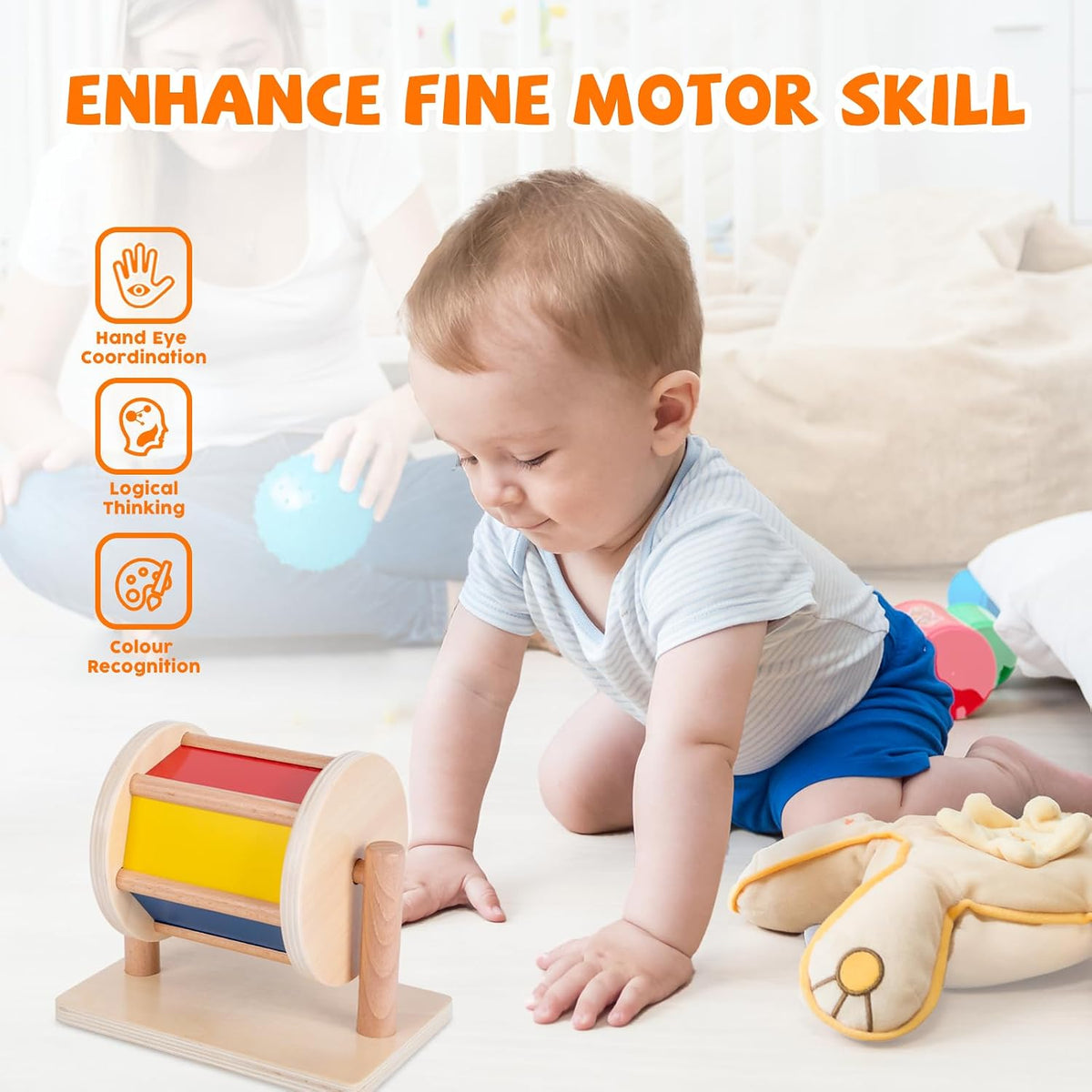 Adena Montessori Play Kit: Knob Puzzle, Drum & Ball, 6-12m – Fun for Kids & Family - Spinning Drum - image 3
