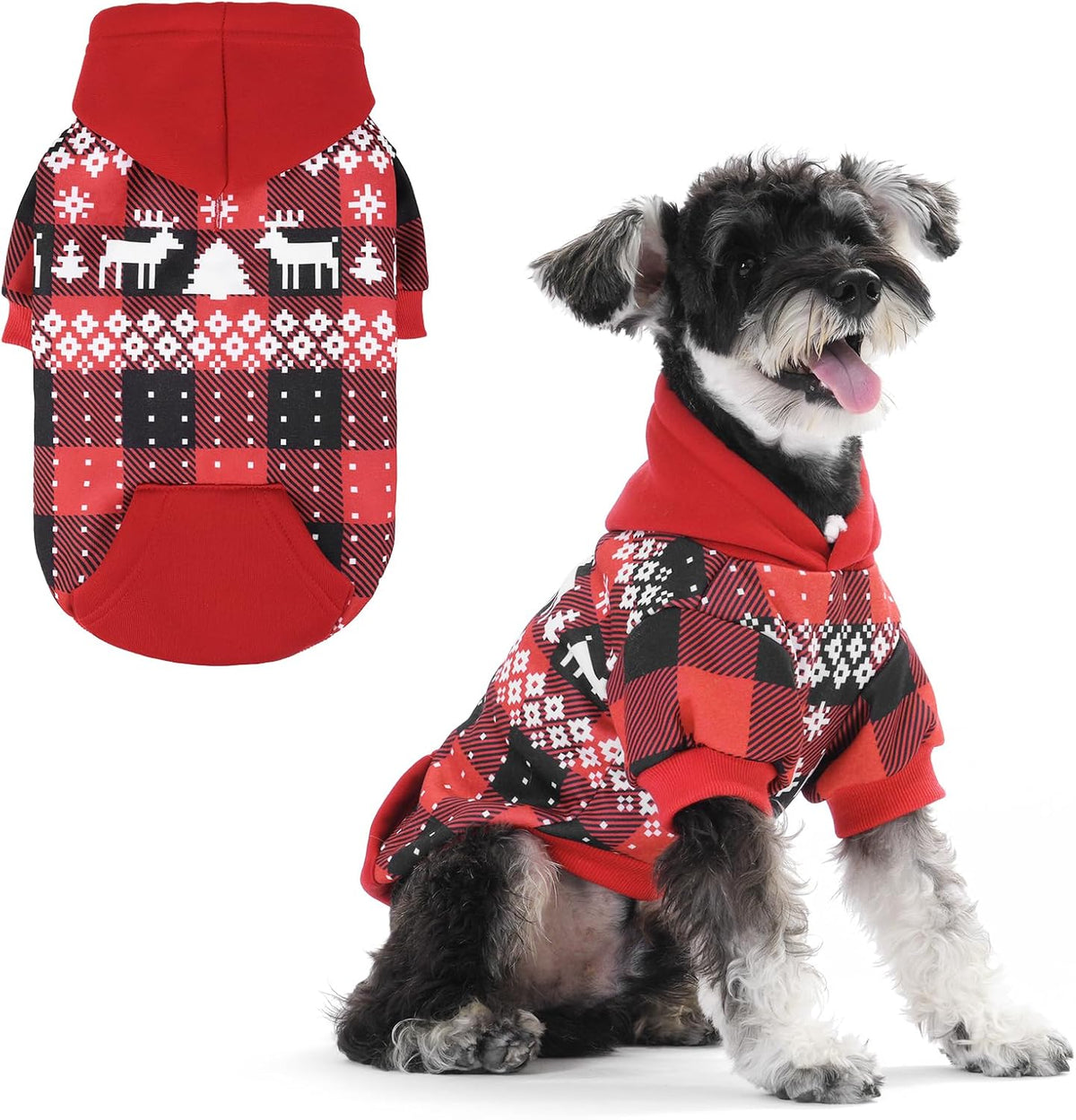 Plaid Dog Hoodie Pet Clothes Sweater with Hat and Pocket for Small - Red&Black(Christmas) / Medium (Pack of 1)