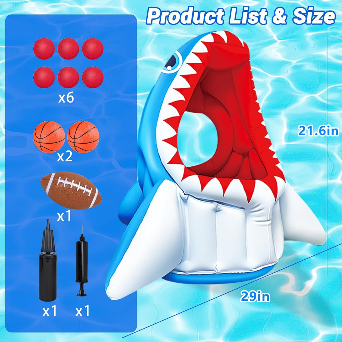 Hymaz inflatable blue octopus pool toy with basketball hoop, balls and ring toss rings - view 3