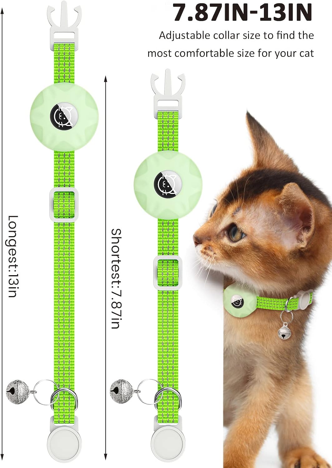 AirTag Cat Collar, Reflective Kitten Collar Breakaway – Essentials for Cats - Luminous green - image 2