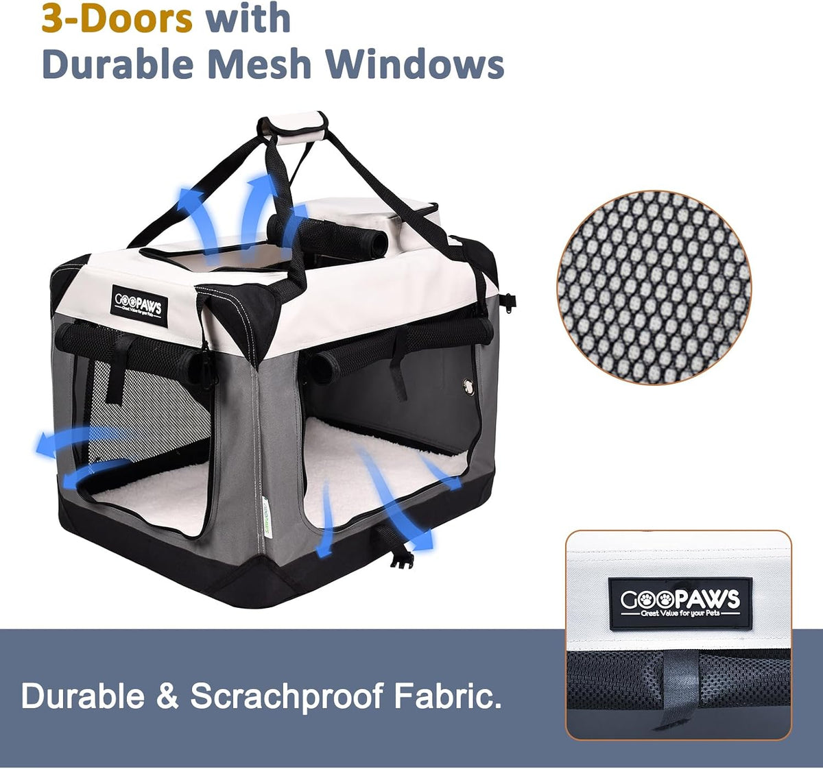 JESPET 3 Door Soft Dog Crates Kennel - 7-Light Grey / Large(30"L x 21"W x 23"H) - image 2
