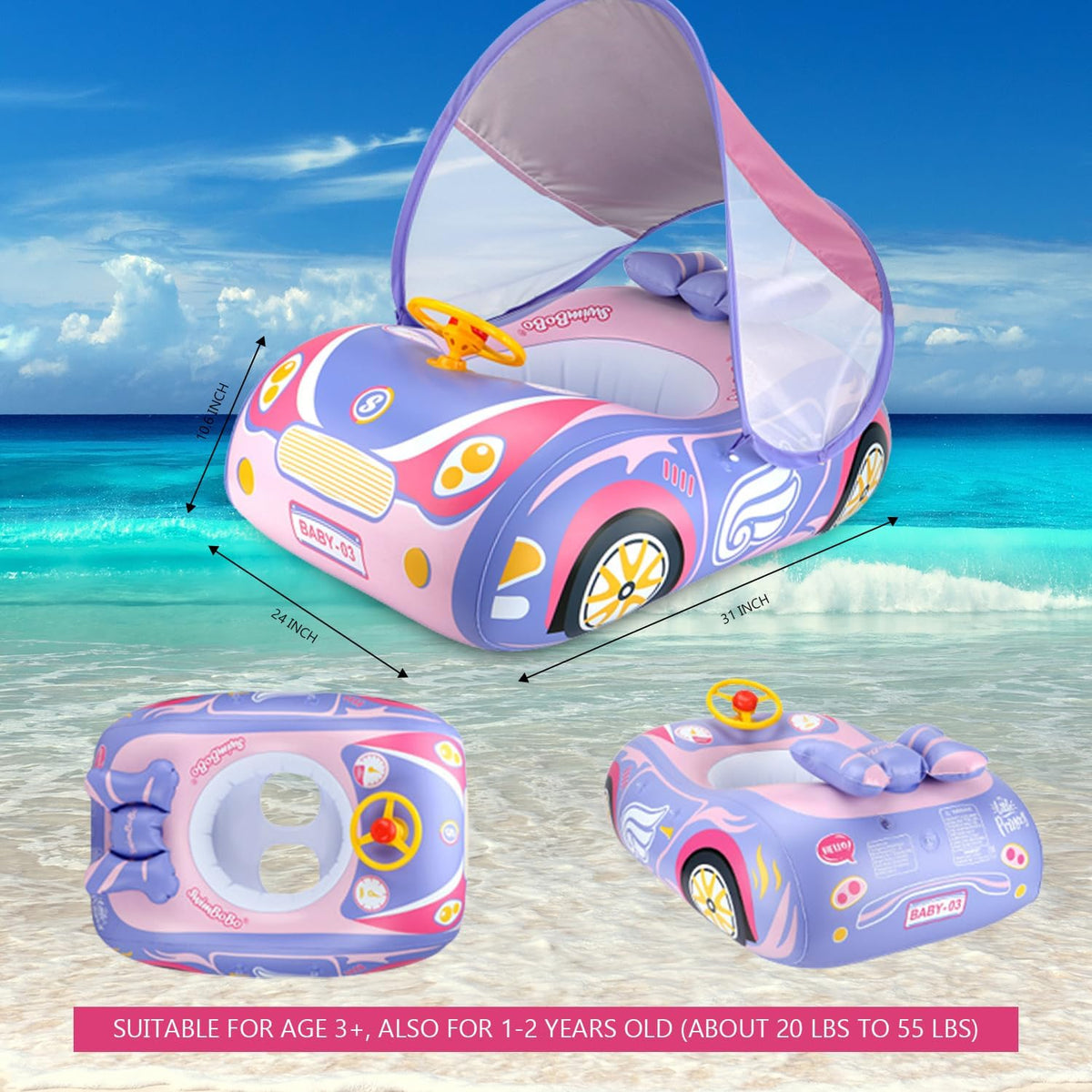 BOffer inflatable baby pool float shaped like a car with steering wheel and horn - view 12