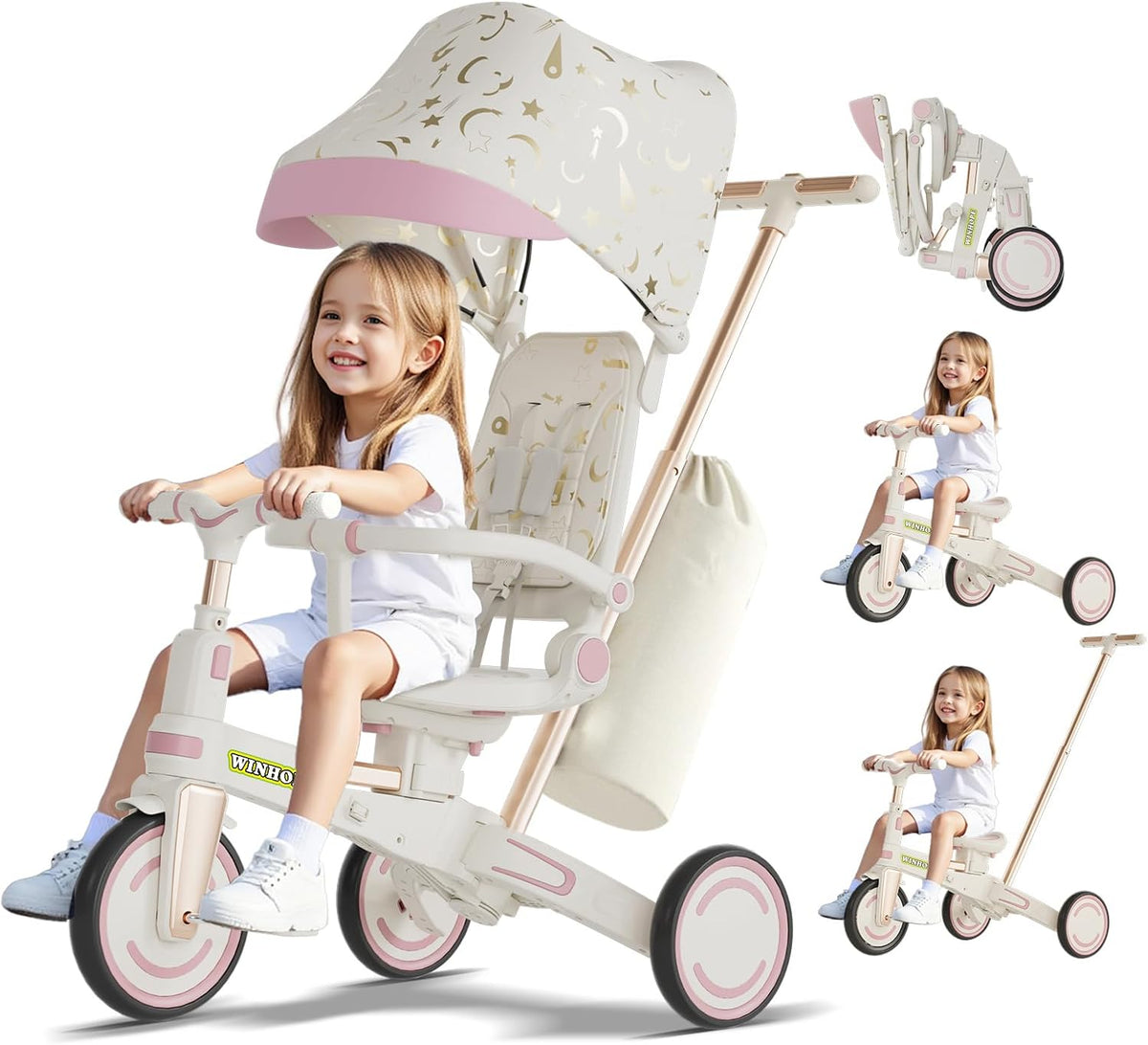 WinHope 9-in-1 foldable toddler tricycle with push handle and canopy in white - view 2