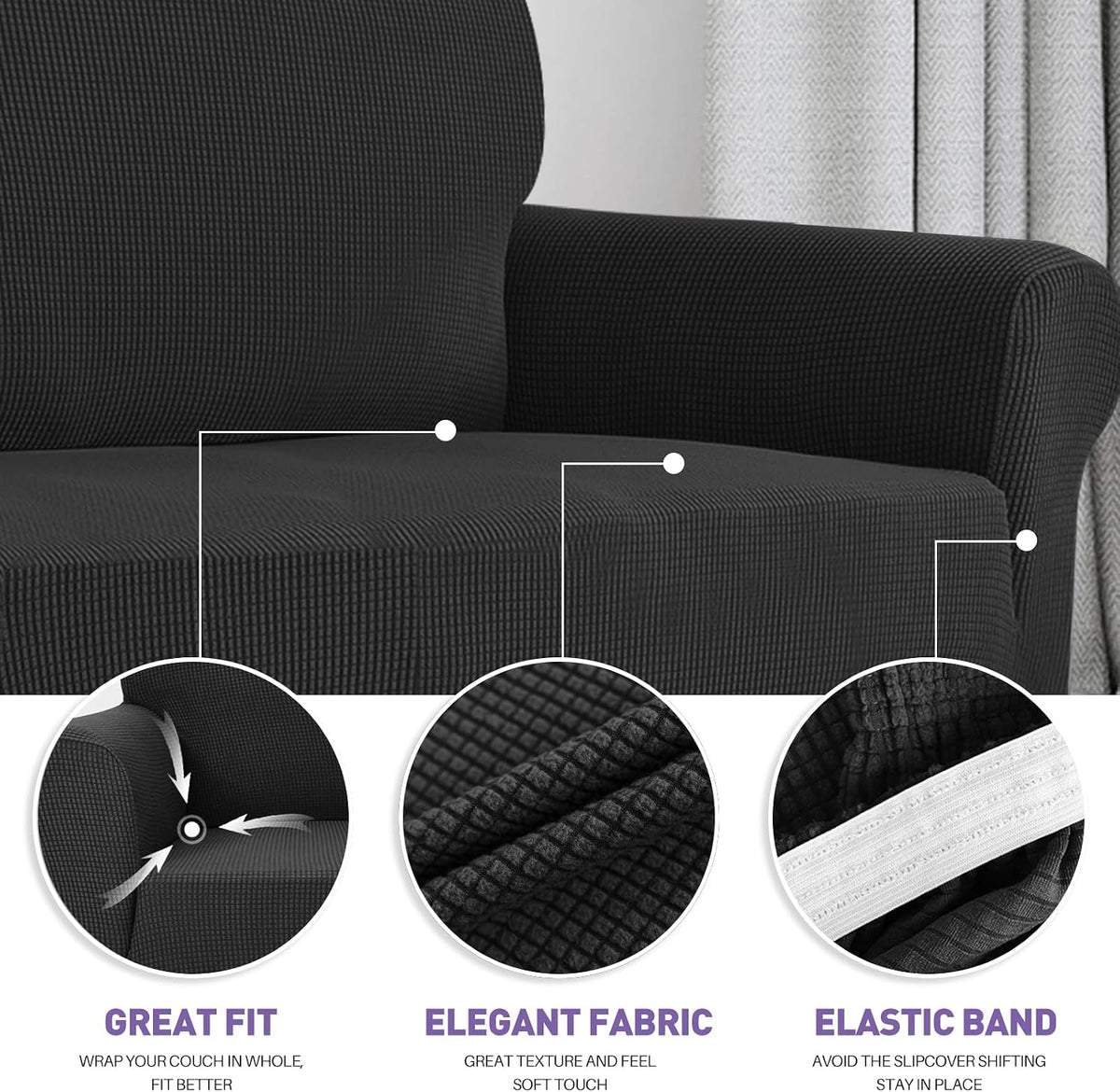 Super Stretch Couch Cover Universal Sofa Covers with Elastic Bottom - Black / Small (30"-47") - image 4