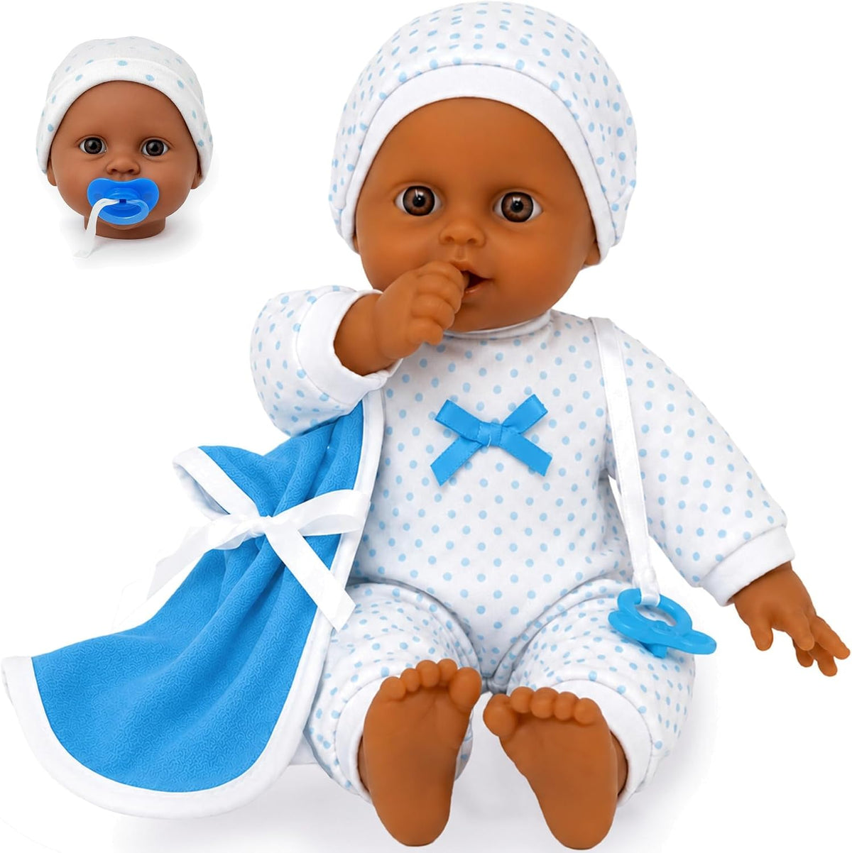 New York Doll Collection 11 inch soft body baby doll in polka dot onesie with pacifier and blanket - view 8