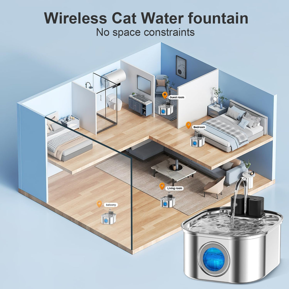 Cat Water Fountain Wireless, Stainless Steel-Rechargeable - Fountain + 1 filter+ 1Sponge - image 3
