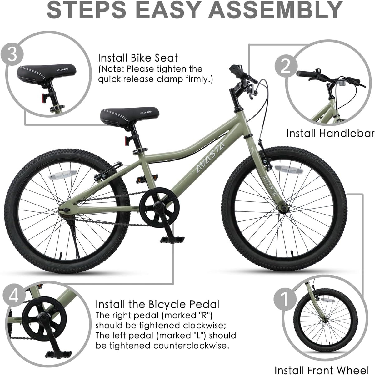 AVASTA Bilbo 18 20 24 Inch Kids Bike for Boys Girls Youth 5-14 Years - Army Green / 20 Inch with Kickstand - image 3