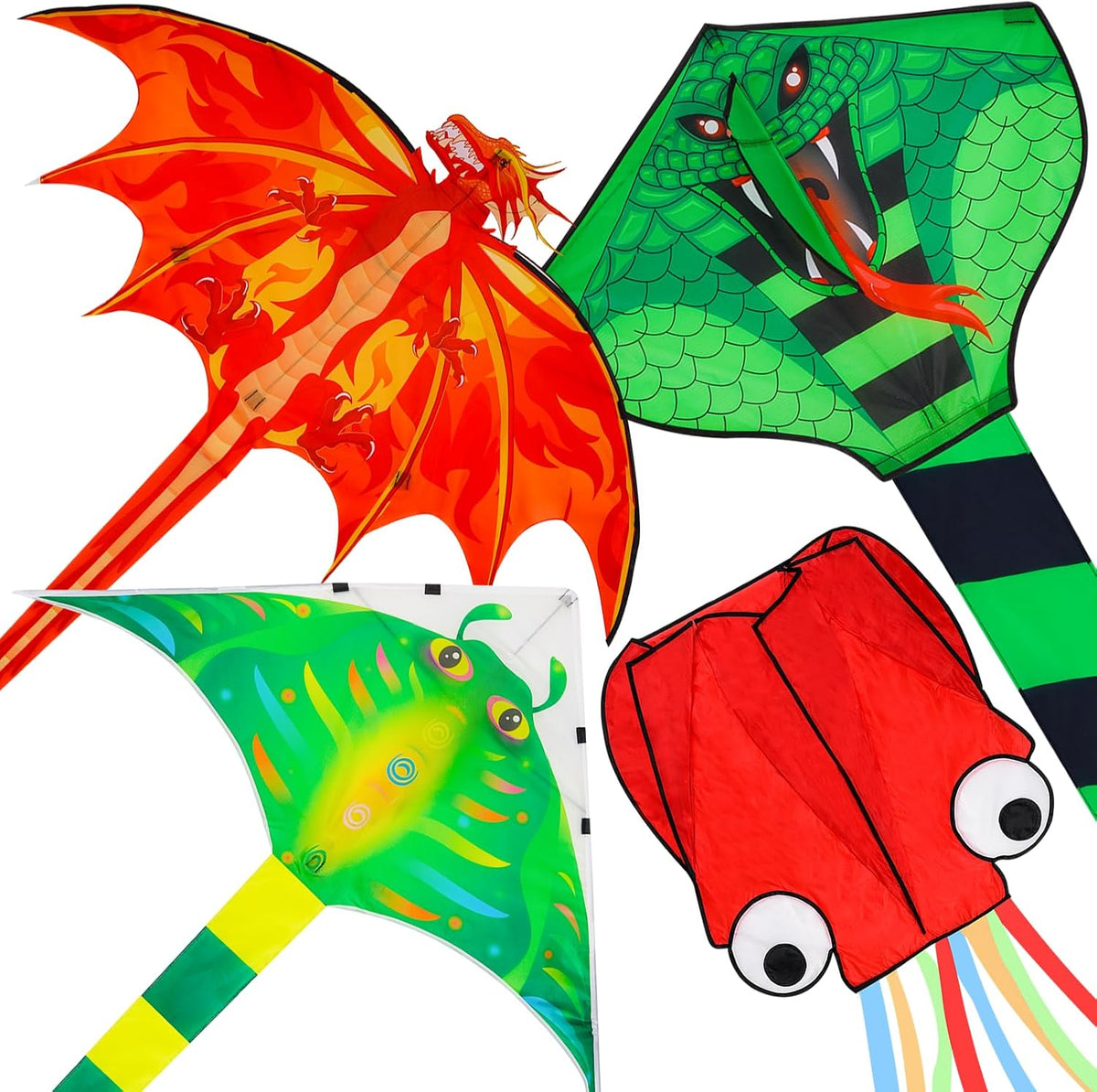 4 Pack Large Kites Fire Dragon Green Snake Devil Fish Red Mollusc
