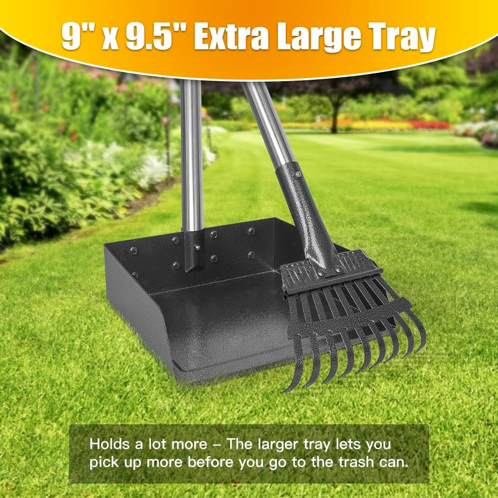 Pooper Scooper, Dog Pooper Scooper Long Handle Stainless Metal Tray and Rake for Medium Small Dogs - 2. Rake + Extra Large Tray - image 2