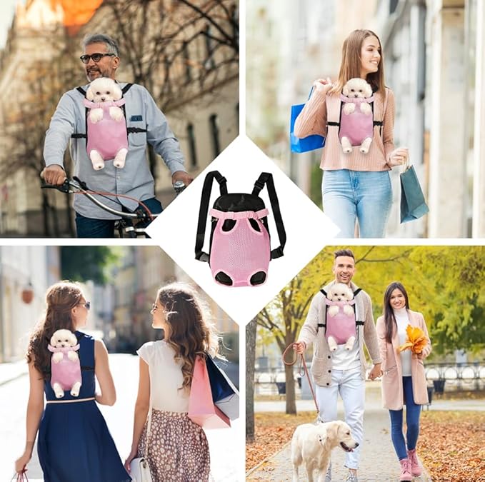 FEimaX Dog Carrier Backpack Pet Legs Out Front Cat Travel Bag, Adjustable Puppy Backpacks Carriers Hands-Free for Small Medium Dogs Cats Hiking Traveling Camping Daily Walking (Small, Pink)
