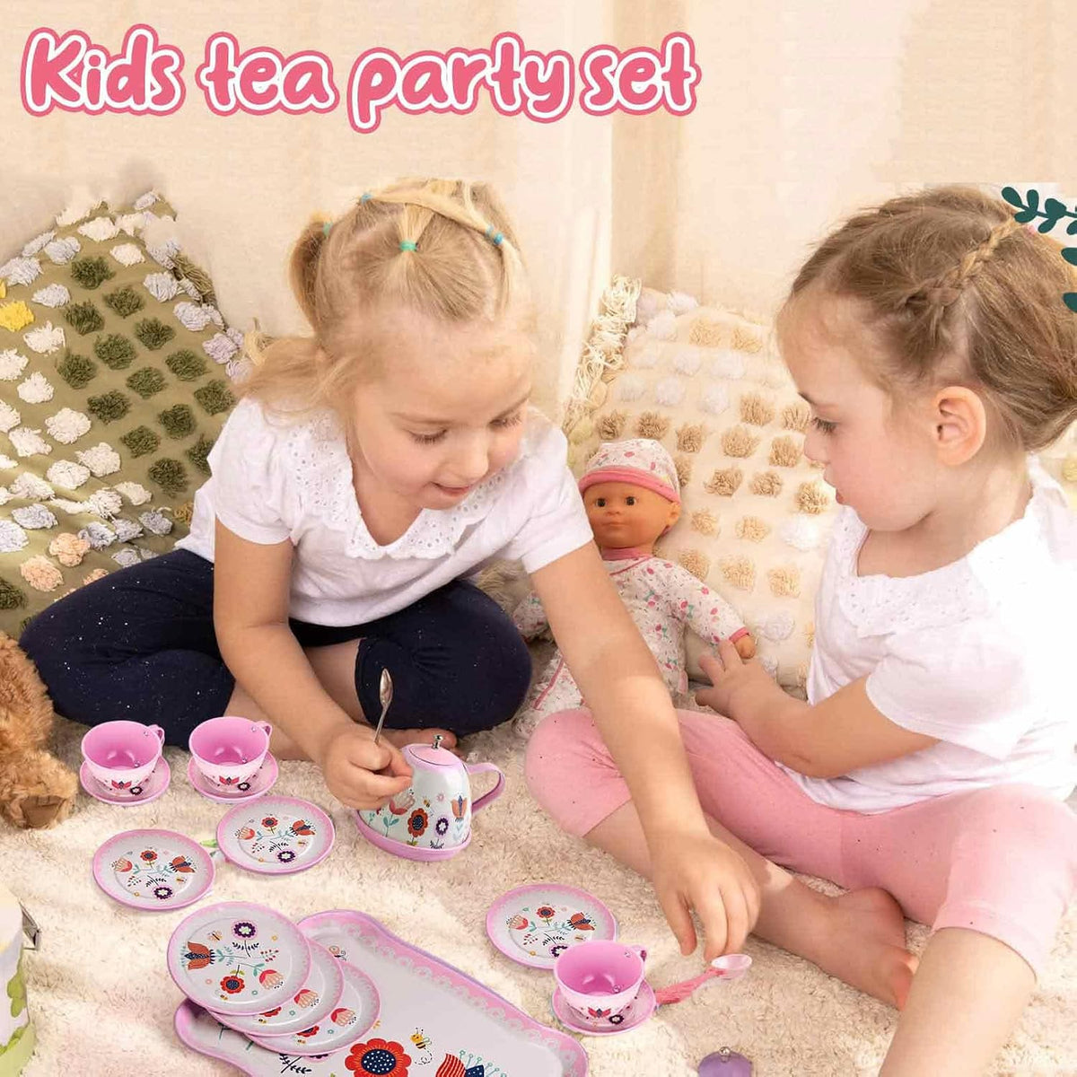 Lajeje Pretend Play Tea Set for Little Girls Ages 3-8 - Flower Tin Teapot Set - image 2