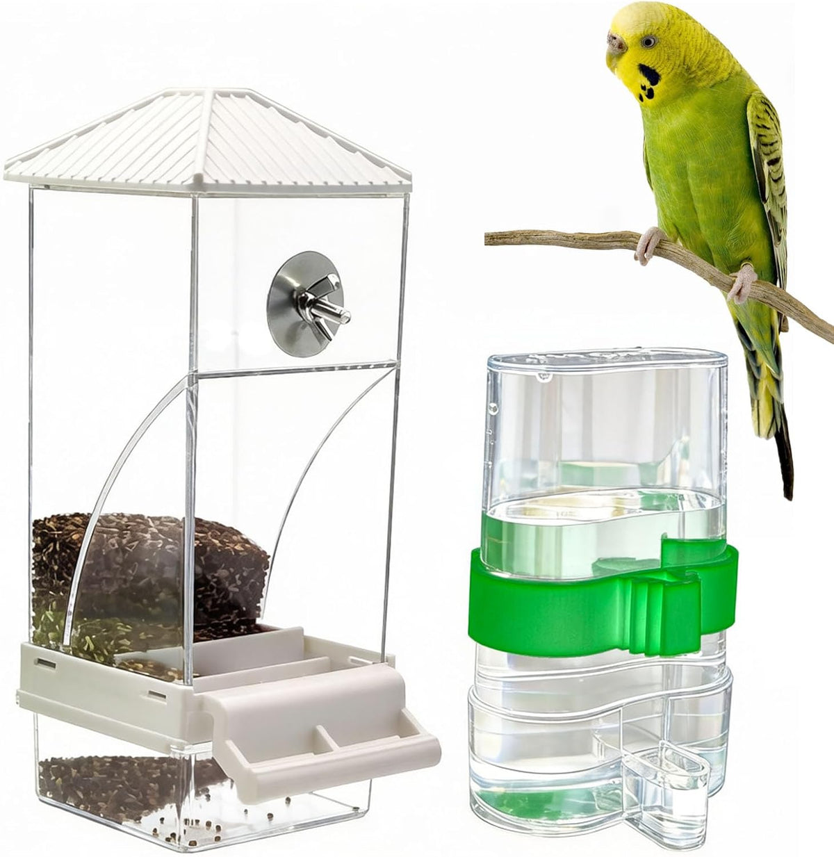 Automatic No Mess Bird Feeder Water Dispenser Set – Essentials for Birds - White + Green