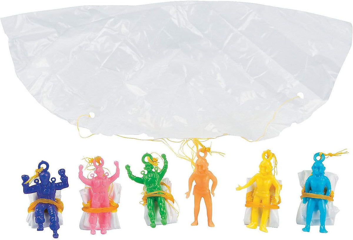Fun Express mini vinyl paratroopers with parachutes in six colors, 72 piece pack