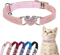 BINGPET Diamond Cat Collar with Bell, Adjustable Kitten Collar - Pink(Heart) / Neck Girth 6"-8"