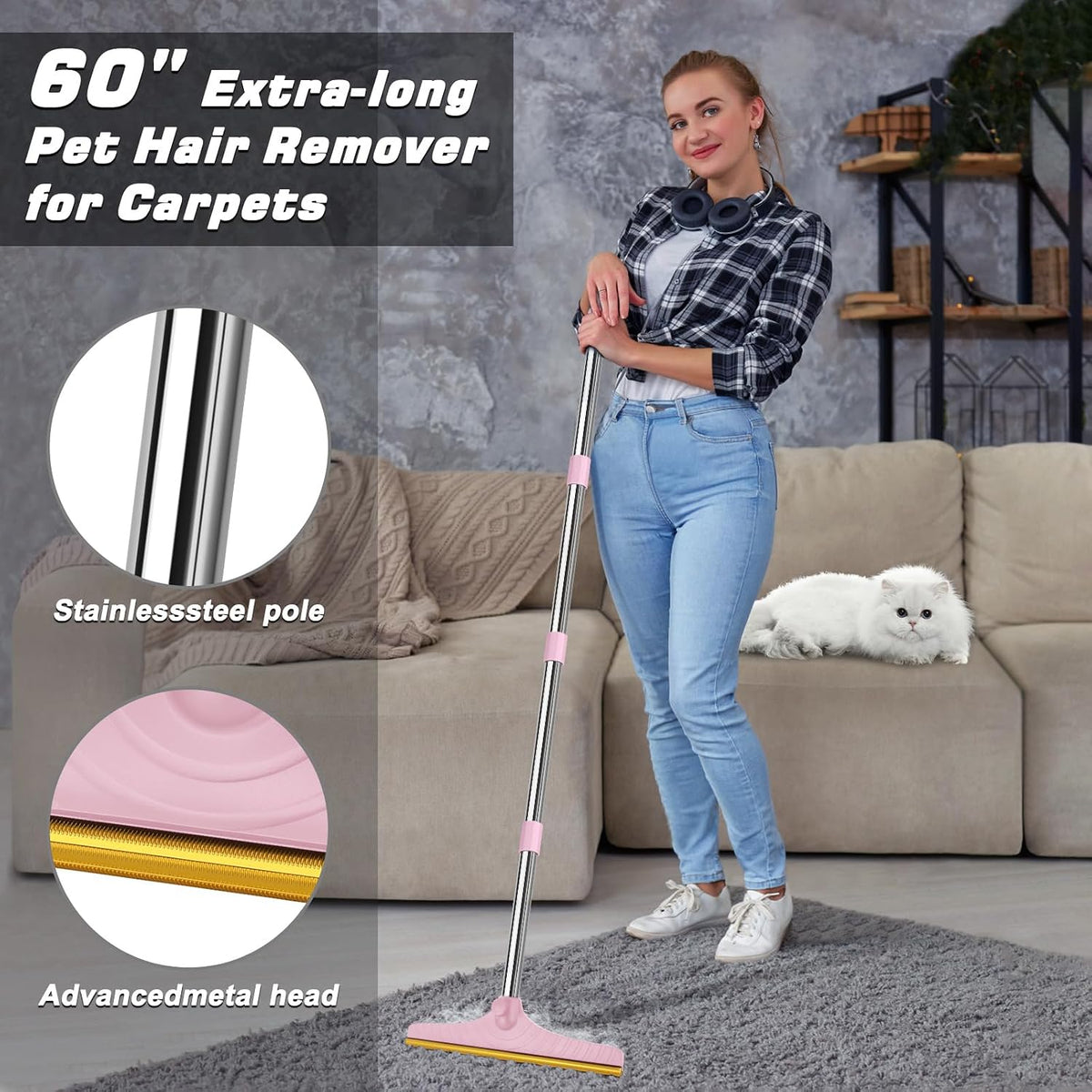Carpet Rake for Pet Hair Removal, Reusable Carpet Scraper Broom – Essentials for Dogs - Pink - image 3