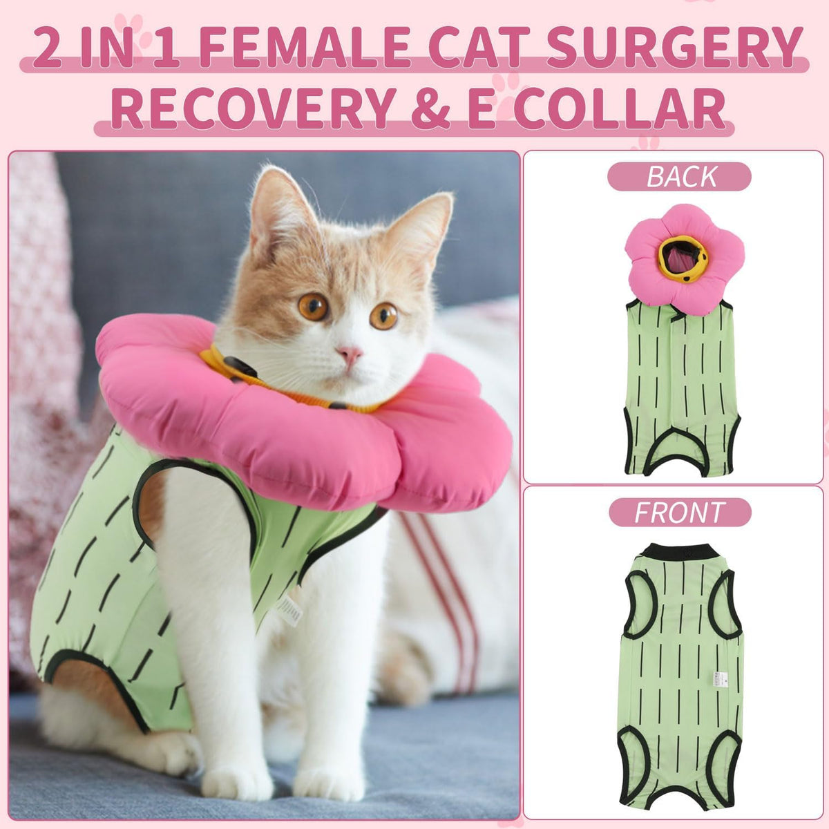 EMUST 2-piece cotton cat surgery suit for female cats with cactus pattern - view 4