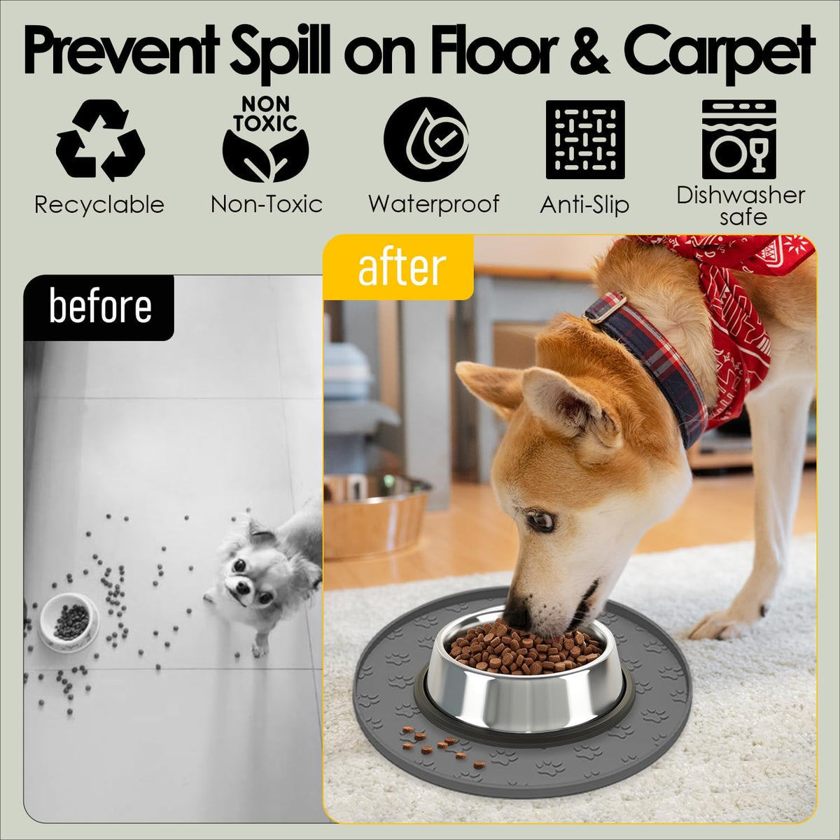 Pet Feeding Mat, Waterproof Anti-Slip Placemats for Dog Cat Bowl Silicone Pet Food Mat, Raised Edge - 1 Grey / 10.9"L x 10.9"W - image 2