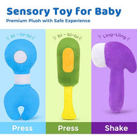 KMUYSL Baby Toys 6-12 Months, My First Tools Plush Toys -4 Pcs Sensory Playset Soft Toys with Squeaker Crinkle for 6-9-12 Months Newborn Infant, Birthday Christmas Gifts for Boys Girls