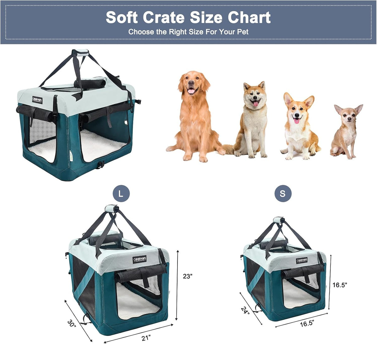 JESPET 3 Door Soft Dog Crates Kennel - 8-Teal Blue / Small(24"L x 16.5"W x 16.5"H) - image 3