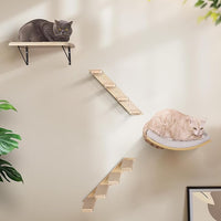 Cat Wall Shelves with Cats Window Perch – 4-Piece Wooden Cat Climbing Furniture Set with Soft Foam Curved Bed, Flat Shelf & 2 Wall 4-Steps Ladders