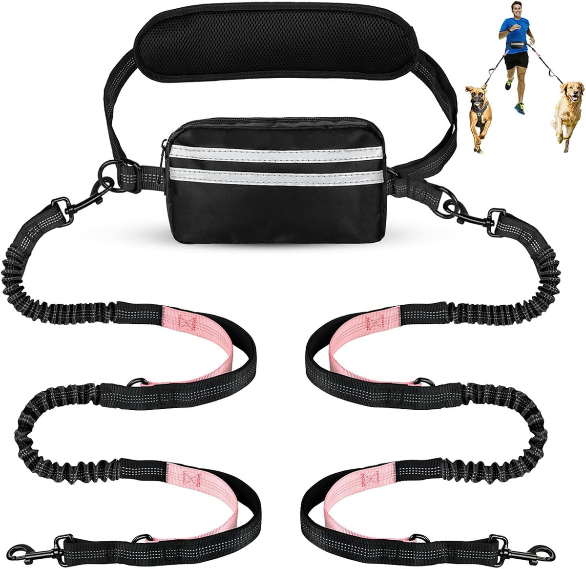 Hands Free Dog Leash for Two Dogs Walking, Running – Essentials for Dogs - Black/Pink / Large