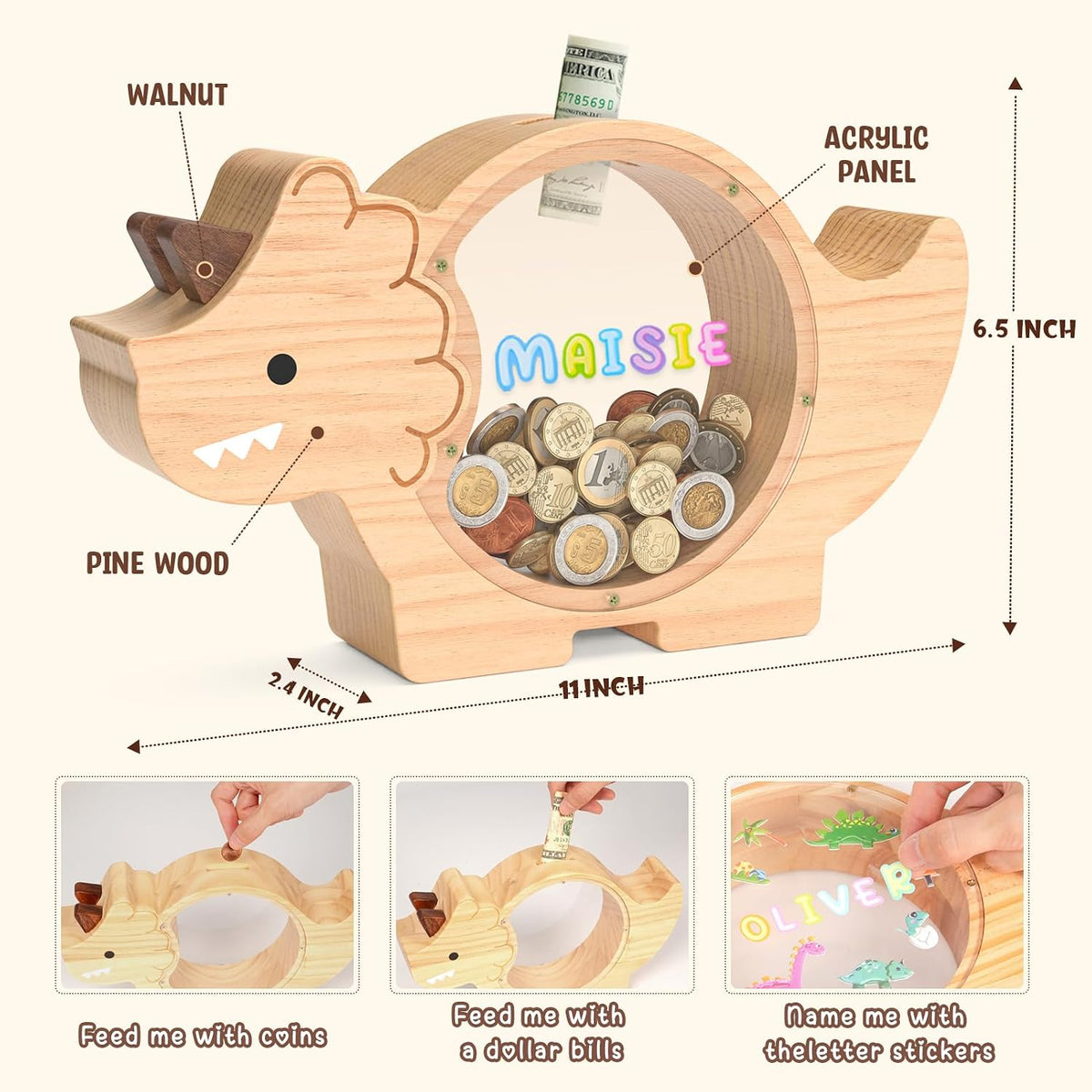 Summidate Wooden Dinosaur Piggy Bank - Triceratops / Standard - image 2