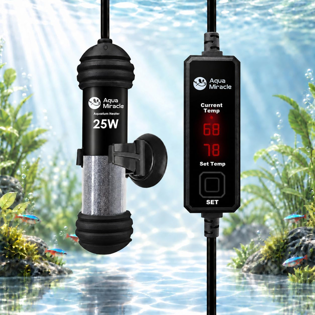 AquaMiracle 100W Small Aquarium Heater Dual LED Display for 10-20 Gal - For 3-5 Gal Aquariums