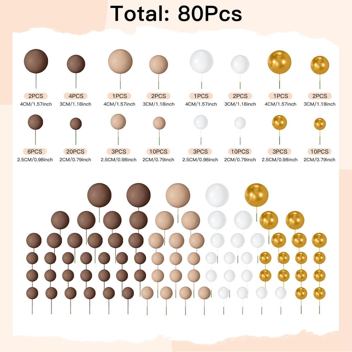 NACHLYNN 80 Pcs Cake Balls Decorations Mini Balloon Cake Topper Balls - Brown Gold Series - image 2