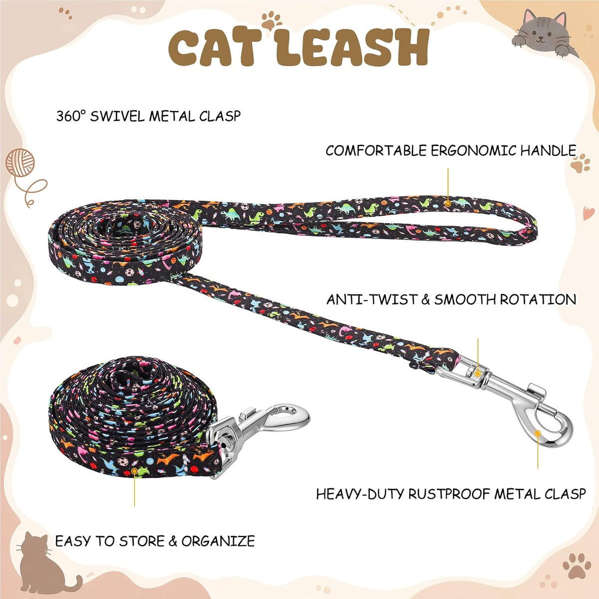 2 Pack Cat Harness and Leash with Collar Set - Dinosaur - image 3