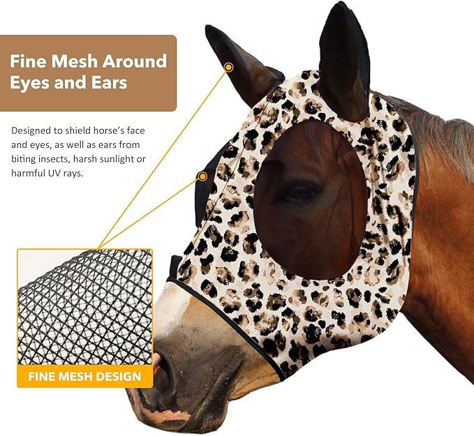 Harrison Howard Super Comfort Stretchy Fly Mask Large Eye Space with UV Protection Soft on Skin with Breathability Leopard Print Full Size