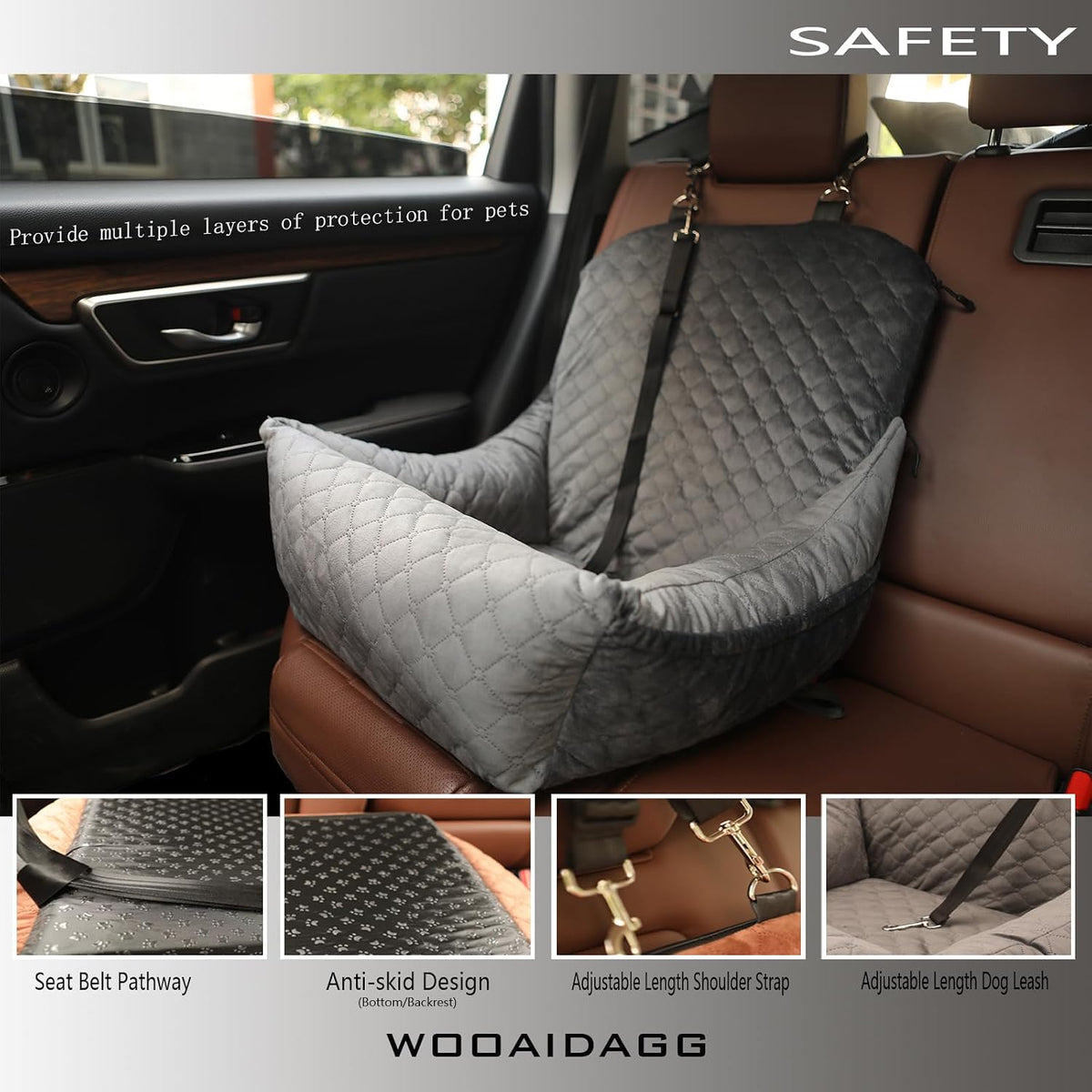 WOOAIDAGG Dog Car Seat for Small Dogs, Ultra-Soft Fabric - Grey - image 3