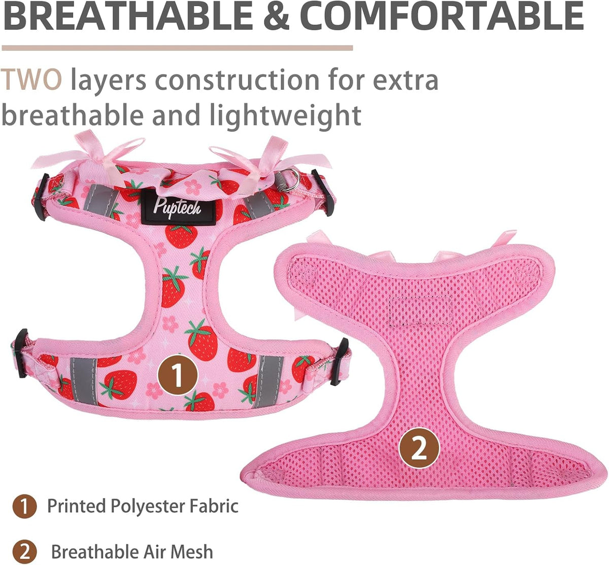 PUPTECK Dog Harness and Leash Set Small Sized - XS (9-13lbs, Chest 14"-16") / #2 Pink(Strawberry Print) - image 2