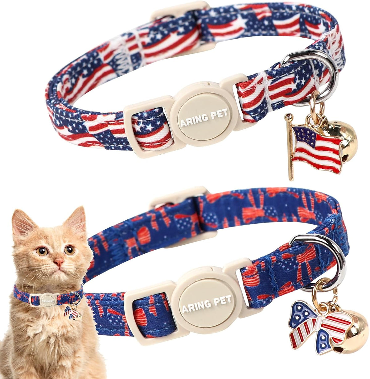 ARING PET 2 Pack Cat Collar-Cute Cotton Cat Collar Breakaway - Independence-American flag