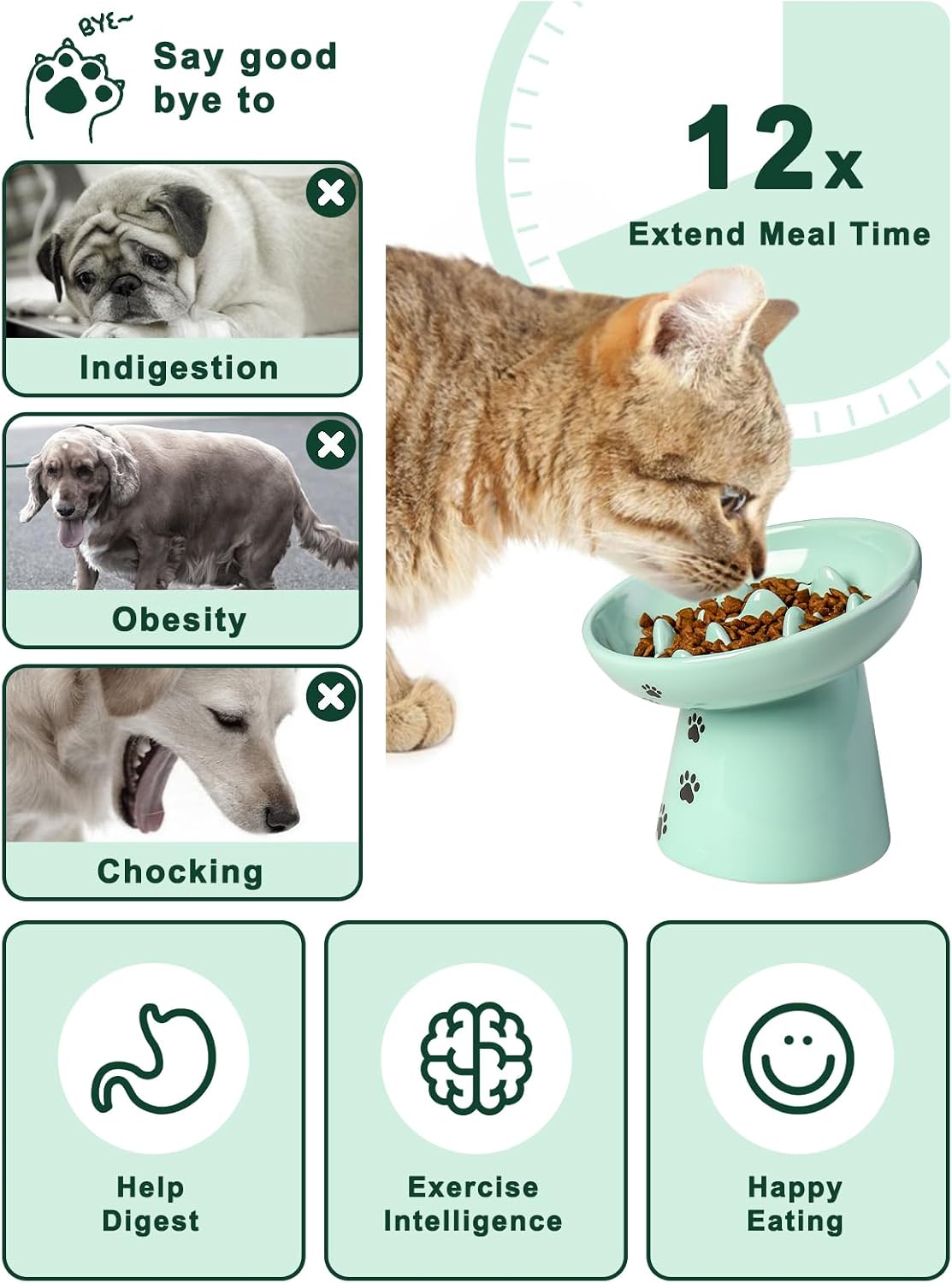 Y YHY Slow Feeder Cat Bowl, Ceramic Cat Slow Feeder Bowl - Green - image 2