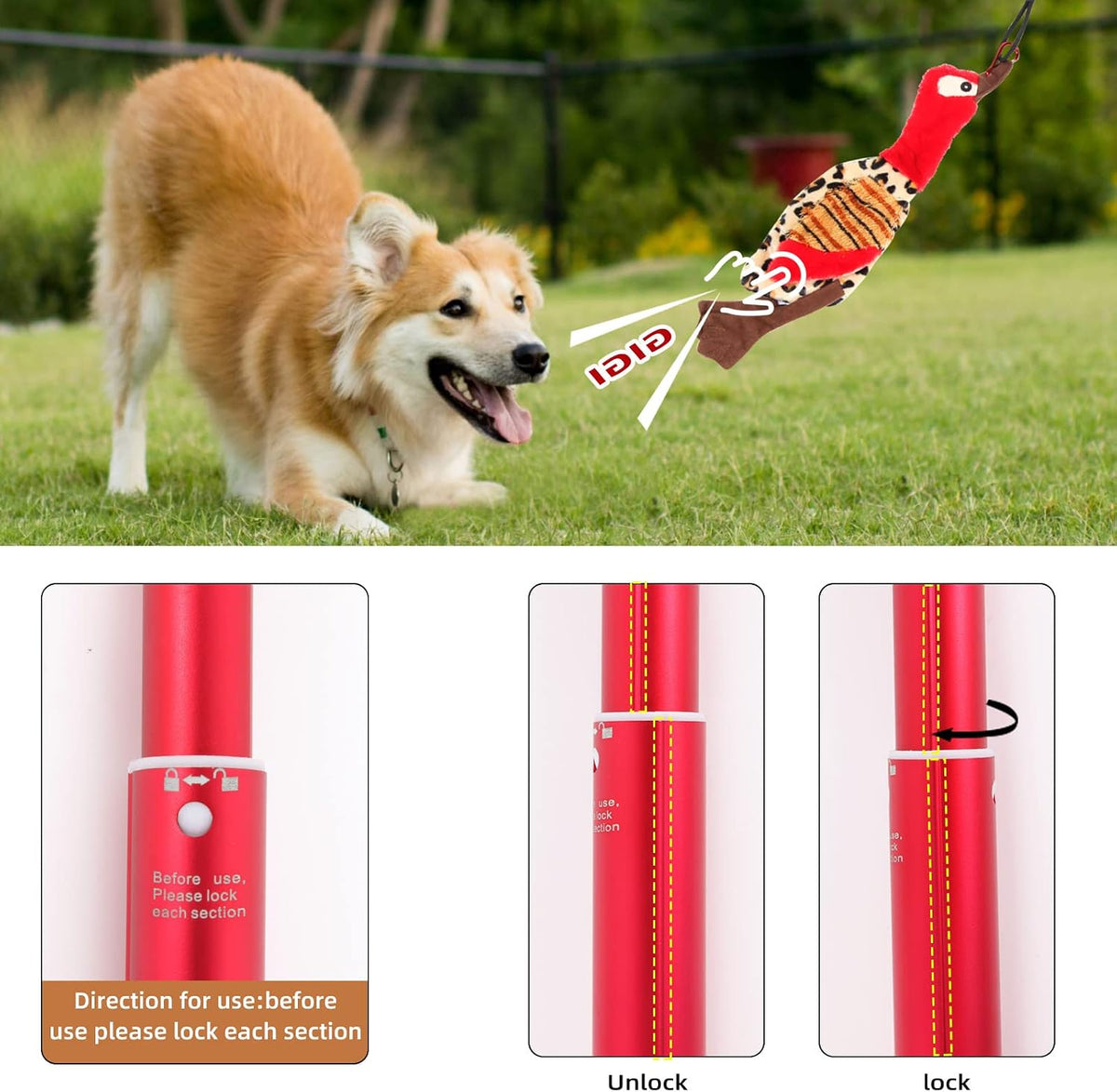 Interactive Dog Toys - Extendable Flirt Pole with 2pcs Squeaky Plush Toy Tugs Red Green for Dog - red - image 4