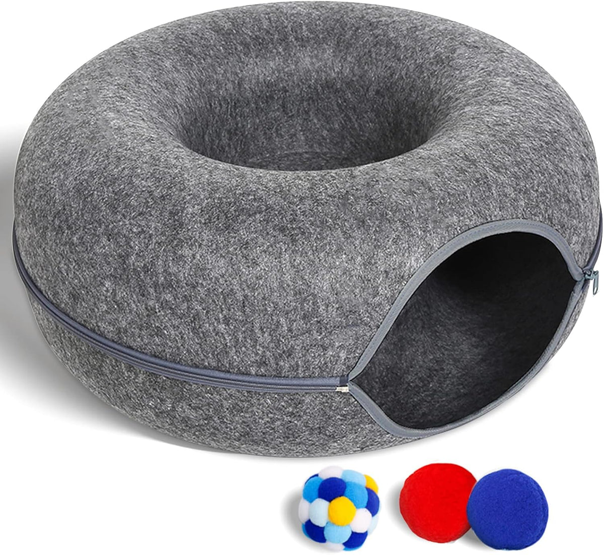 Large Cat Tunnel Bed for Indoor Cats with 3 Toys - L(24x24x11) / Dark Grey