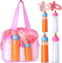 Beem Jun pink baby doll bottles and pacifiers set in a clear zippered bag