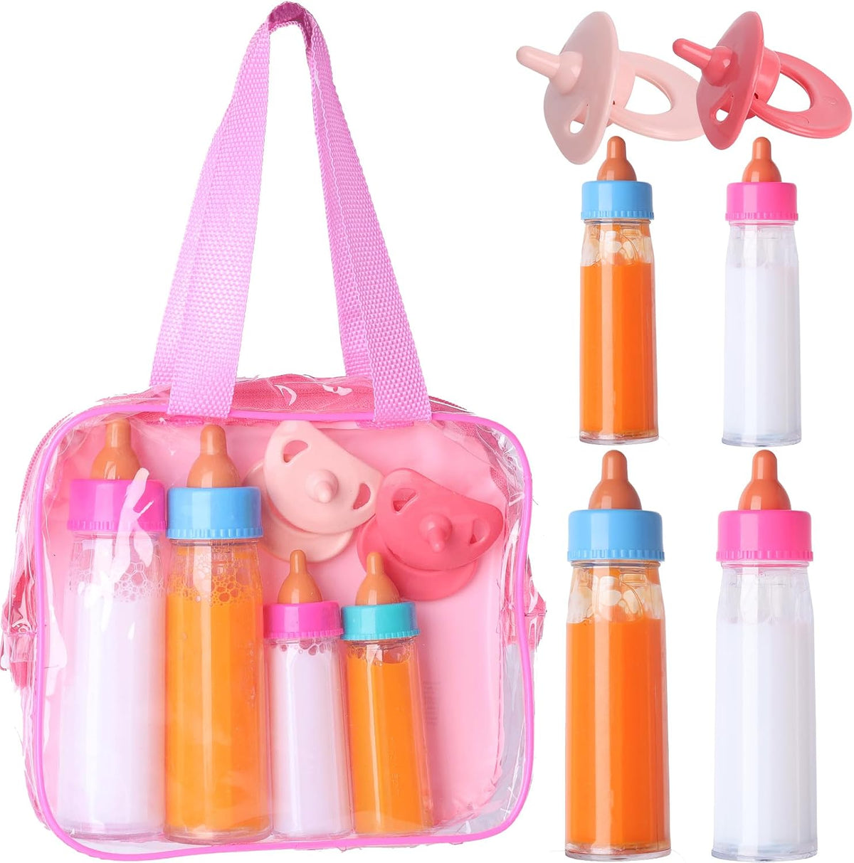 Beem Jun pink baby doll bottles and pacifiers set in a clear zippered bag