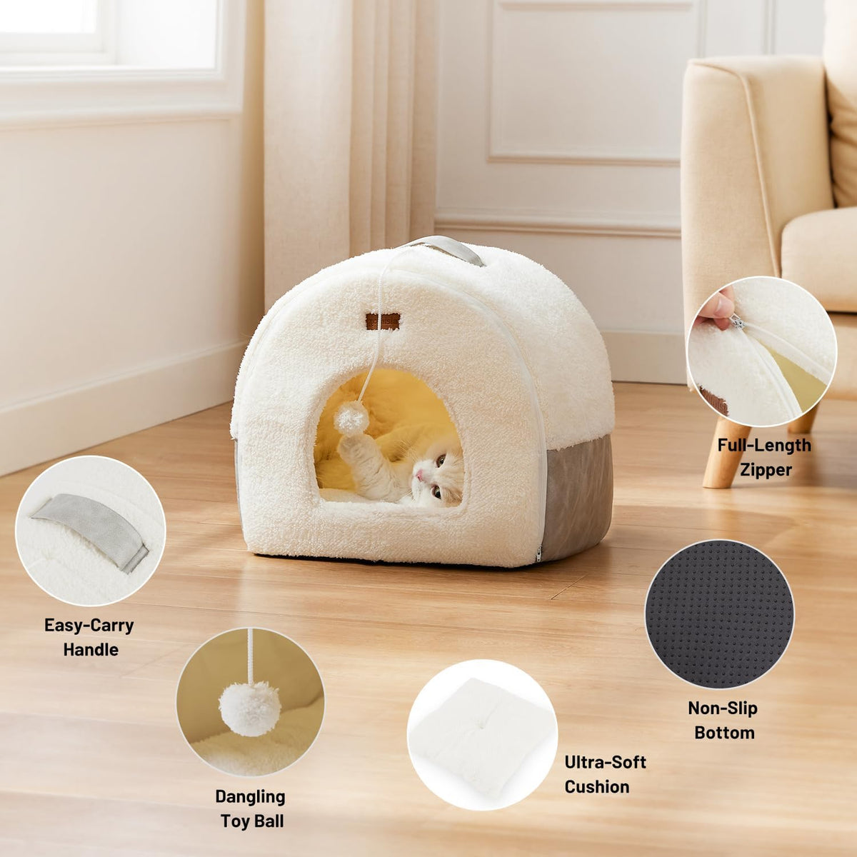 2in1 Cat Bed Cave for Indoor Cats Enclosed Bed with Washable Pillow – Essentials for Cats - M - 15.0"L x 15.0"W x 15.3"H / Cream - image 4