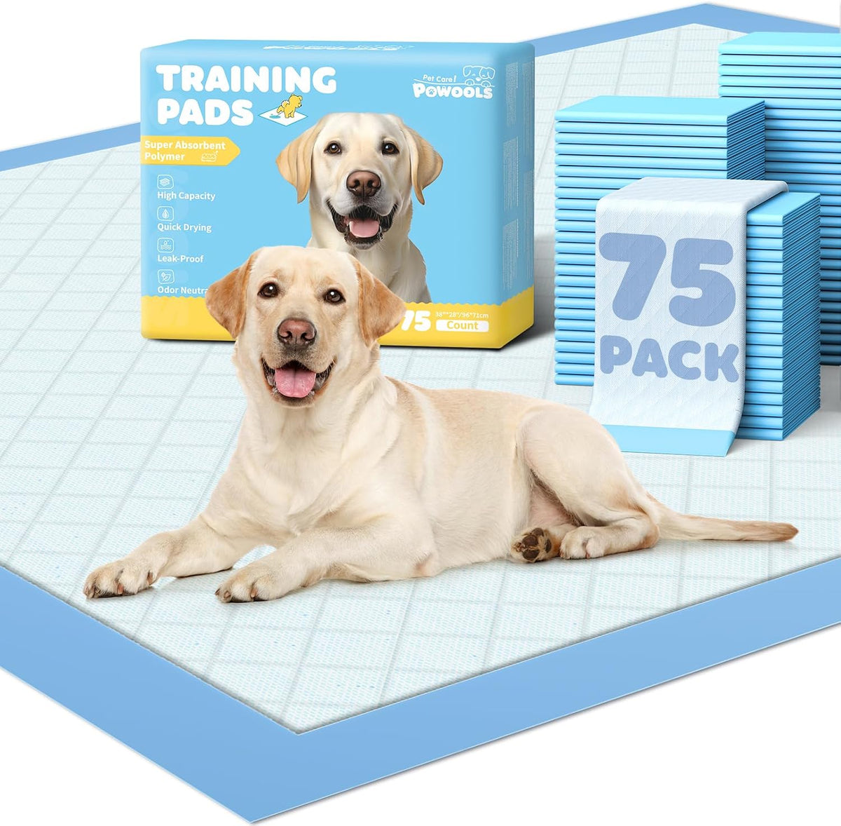 Powools Puppy Pads for Dogs, 6-Layer, Leak-Proof - 38" x 28" (75 Packs)