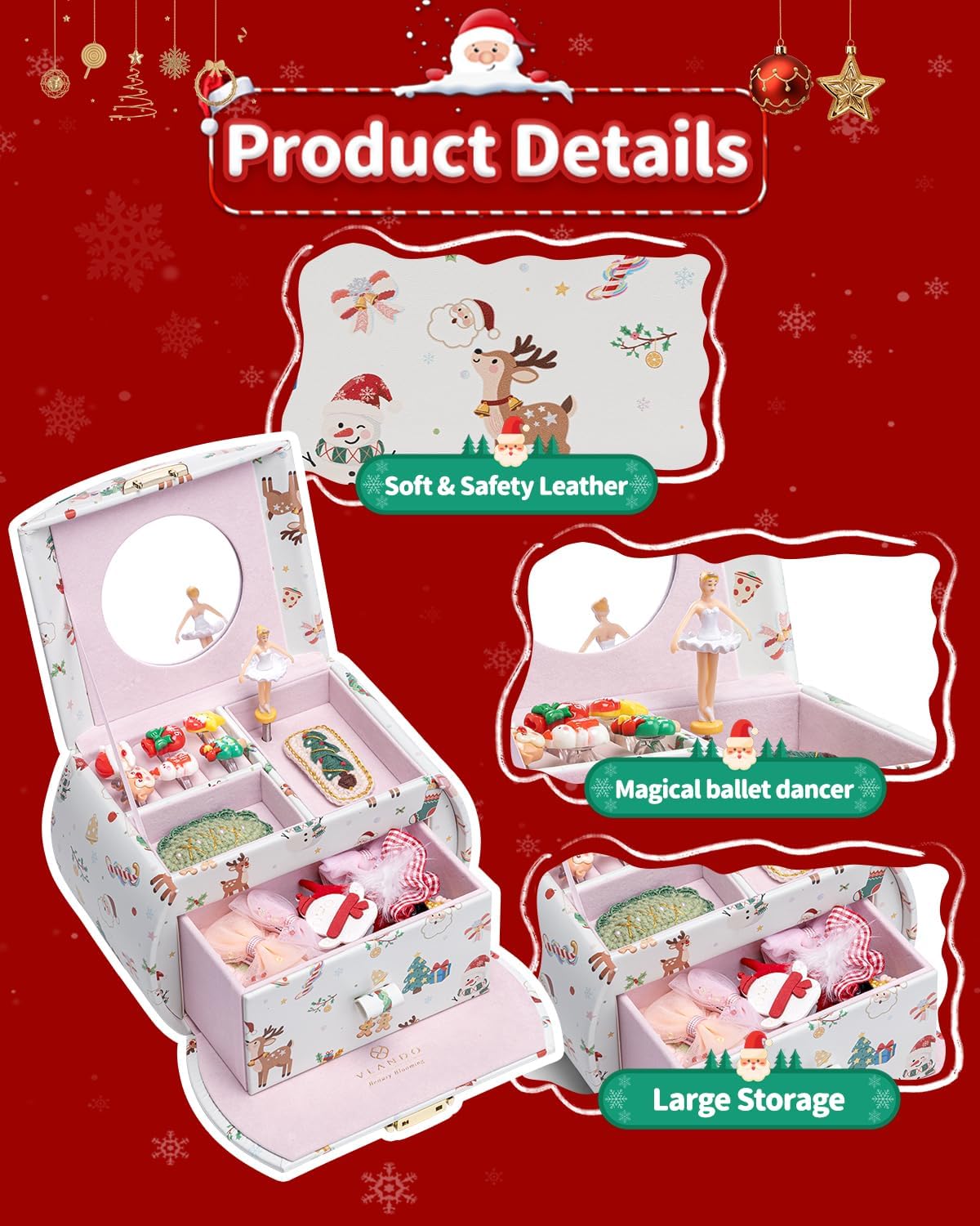 VLANDO 2 Layer Girls Musical Jewelry Box with Ballerina and Large - J.Christmas White - image 3
