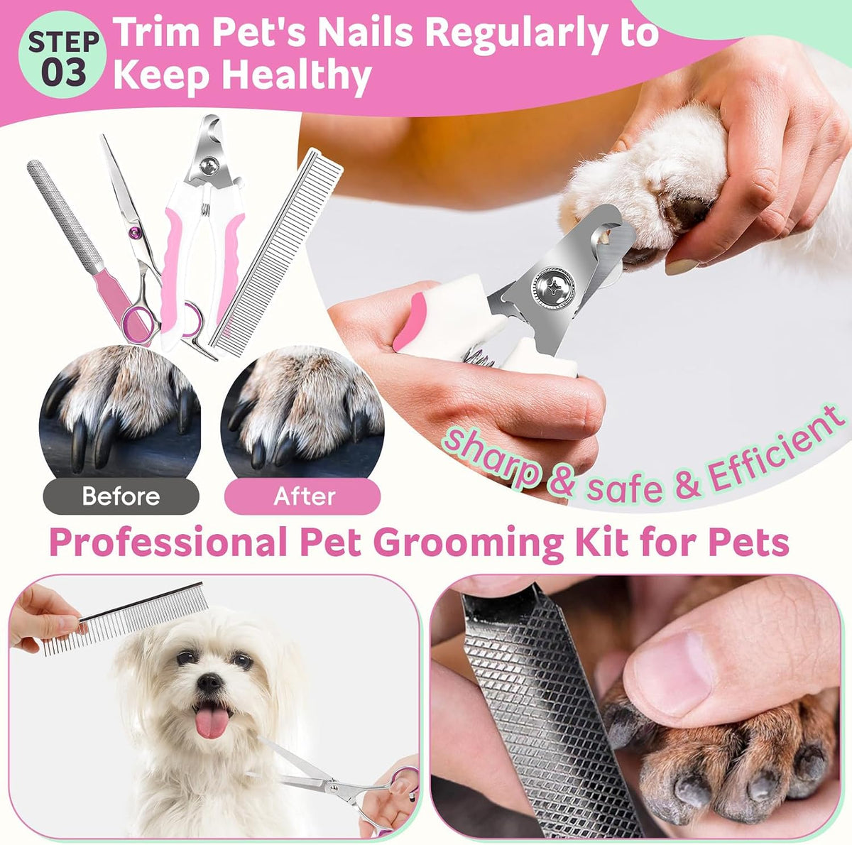 Dog Brush for Shedding 13pcs Bath Grooming Kit with Pet Nail Clipper - Pink 13pcs - image 4